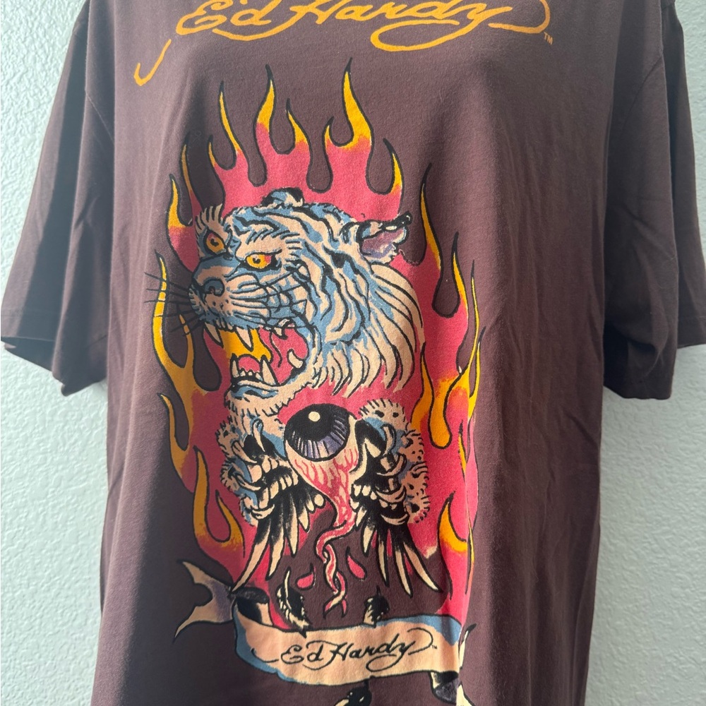 Ed Hardy Tiger Flame Graphic Tee - Brown